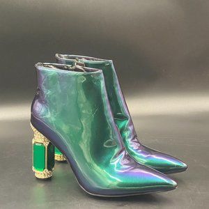 FSJ Iridescent Green Ankle Boots with Embellished Heels